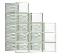 SONGMICS Boîtes à Chaussures, Rangement Chaussures en Plastique, Pliables et Empilables, pour Pointure Jusqu’à 43, Lot de 12, Transparent et Vert Olive LSP066C12