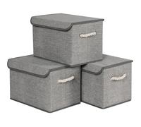 SONGMICS Boîtes de Rangement en Tissu, Lot de 3 Coffres, Bacs avec Couvercle, Poignées Coton, Motif Lin Gris RFB013G02