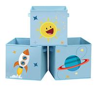 SONGMICS Boîtes de Rangement, Lot de 3, Cubes Pliables avec Poignées | Organisateurs Jouets, 30 x 30 x 30 cm, Chambre d'Enfant, Salle de Jeux, Thème de l'Espace, Bleu, Collection TEZA RFB001B03