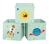 SONGMICS Boîtes de Rangement, Lot de 3, Organisateurs Jouets, Cubes Pliables avec Poignées, pour Chambre d'Enfant, Salle de Jeux, 30 x 30 x 30 cm, Thème de l'Espace, Vert RFB001G03