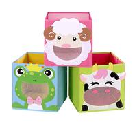 SONGMICS Boîtes de rangement, lot de 3, pliables, 27 x 27 x 27 cm | Organisateurs de jouets, thème animaux, pour chambre d'enfant, salle de jeux, Bleu, vert et rose, Collection TEZA RFB01PG