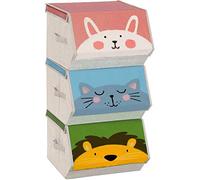 SONGMICS Boîtes de Rangement pour Enfant, Lot de 3, Empilables, Pliables | Couvercle Magnétique, Poignées, Salle de Jeux, Motif Lapin Chat Lion, Rose, Bleu, Vert et Gris, Collection TEZA RFB760P01