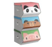 SONGMICS Boîtes de Rangement pour Enfant, Lot de 3, Empilables, Pliables | Couvercle Magnétique, Poignées, Salle de Jeux, Motif Panda Ours Cochon, Rose, Bleu, Vert et Gris, Collection TEZA RFB760P02