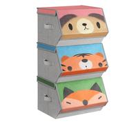 SONGMICS Boîtes de Rangement pour Enfant, Lot de 3, Empilables, Pliables, Poignées, Couvercle Magnétique, Chambre d'Enfant, Salle de jeux, Motif Ours Tigre Renard, Rose, Bleu, Vert et Gris RFB760P03