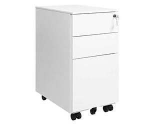 SONGMICS Caisson de Bureau Metal, 3 tiroirs, avec roulettes et Serrure | Caisson de Rangement Mobile, pour Documents et Dossier Suspendu, 30 x 45 x 60 cm, Blanc Mat, Collection BEREND OFC031W01