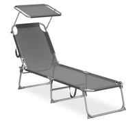 SONGMICS Chaise Longue Pliante, 189 x 53 x 28,5 cm, Transat Jardin Extérieur, Supporte 110 kg, Pare-Soleil et Dossier Réglables, pour Terrasse, Balcon, Gris GCB194GZ02