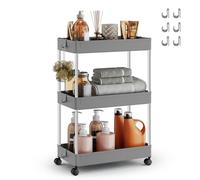 SONGMICS Chariot, Chariot de Cuisine à 3 Niveaux, Étagère de Cuisine, Étagère Étroite, avec 6 Crochets, Structure en Acier, Salle de Bain, 23,6 x 42 x 60,6 cm, Gris Tourterelle KSC009G01
