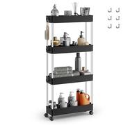 SONGMICS Chariot, Chariot de Cuisine à 4 Niveaux, Étagère de Cuisine, Étagère Étroite, avec 6 Crochets, Structure en Acier, Salle de Bain, 14,4 x 42 x 86 cm, Noir d'Encre KSC008B01