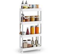 SONGMICS Chariot, Chariot de Cuisine à 4 Niveaux, Étagère de Cuisine, Étagère Étroite, avec 6 Crochets, Structure en Acier, Salle de Bain, 14,4 x 42 x 86 cm, Blanc Nuage KSC08WT