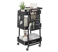 SONGMICS Chariot de Rangement, 3 Plateaux en Maille Métallique, 2 Panneaux Perforés Amovibles, 2 Supports Suspendus, 4 Crochets, pour Bureau, Cuisine, Salon, Salle de Bain, Noir d’Encre LRC037B01