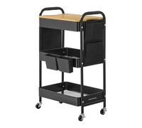 SONGMICS Chariot de Rangement à 3 Niveaux, Chariot Roulant avec Table Supérieure, 2 Pots Amovibles, 6 Poches Latérales, pour Salon, Bureau, Cuisine, Noir d’Encre LRC036B01