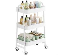 SONGMICS Chariot Mobile à 3 Niveaux, Desserte sur roulettes, Étagère de Rangement en métal, avec poignées, 2 Freins, Montage Facile, pour Atelier, Chambre, Cuisine, buanderie, Blanc BSC068W01