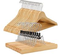 SONGMICS Cintres en Bois et Cintres pour Jupe, Lot de 32 | Pour Costumes et Pantalons, Adulte, Ensemble avec Crochet Pivotant à 360° et Pinces Antidérapantes, Couleur Boisée