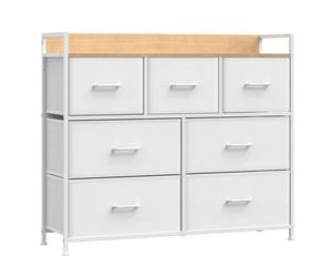SONGMICS Commode, Armoire, Meuble de Rangement, 7 Tiroirs en Tissu avec Poignées, Cadre en Métal, Blanc Nuage et Beige Chêne