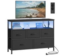 SONGMICS Commode, avec LED et Prises, 5 Tiroirs en Tissu, Étagère Ouverte | Meuble de Rangement, 98,7 x 30 x 68,1 cm, pour Chambre, Salon, Noir d'encre, Collection BELLAH LGS723BH01