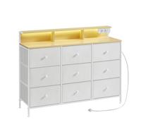 SONGMICS Commode, Meuble de Rangement avec 9 Tiroirs et Éclairage LED, Multiprise, Cadre en Acier, 33,5 x 114 x 84 cm, pour Chambre, Salon, Blanc Nuage LTS519W02