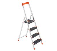SONGMICS Échelle 4 Marches, en Alliage d'Aluminium, Escabeau, Largeur de la Marche 12 cm, Pliable, Plateau à Outil, Pieds Antidérapants, Capacité de Charge 150 kg, Noir et Orange GLT04BK