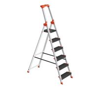 SONGMICS Échelle 6 Marches, en Alliage d'Aluminium, Escabeau, Largeur de la Marche 12 cm, Pliable, Plateau à Outil, Pieds Antidérapants, Capacité de Charge 150 kg, Noir et Orange GLT06BK