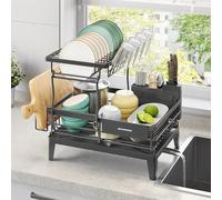 SONGMICS Égouttoir à Vaisselle, 2 Niveaux, Organisateur de Plan de Travail, Bec Rotatif à 360° et Extensible, Bac d’Égouttement, Porte-Couverts, 31 x 42 x 36,5 cm, Gris Ardoise KCS551G101