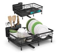 SONGMICS Égouttoir à Vaisselle, pour Petit Espace, Support à Vaisselle Extensible, Grande Capacité, Bec Extensible Rotatif 360°, Acier, 30,2-46,5 x 29,6 x 14 cm, Noir d'encre KCS556BH01