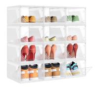 SONGMICS Ensemble de 12 Boîtes à Chaussures, Empilables, Transparentes | Organisateur Dressing, Boîte Plastique Pliable, Porte Magnétique, Blanc Nuage, Rangement Maison, pour Entrée et Placard