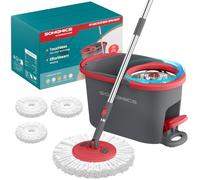 SONGMICS Ensemble Serpillère et Seau, avec Essoreur Rotatif, Balai Serpillière, Seau à Pédale, Manche Télescopique 122,5 à 150 cm, Tête Rotative 360°, 3 Chiffons Microfibres, Gris et Rouge LMB002GT03