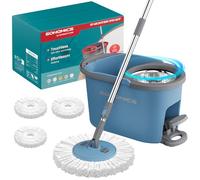 SONGMICS Ensemble Serpillère et Seau, avec Essoreur Rotatif, Balai Serpillière, Seau à Pédale, Manche Télescopique 122,5 à 150 cm, Tête Rotative 360°, 3 Chiffons Microfibres, Bleu et Gris LMB002QT03