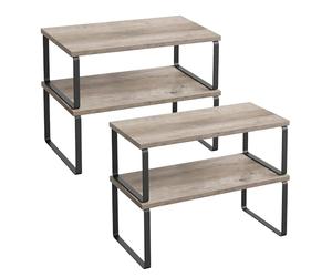 SONGMICS Erica KCS022X02 Organisateurs de cuisine, Lot de 4 étagères pour placard, empilable, extensible, métal et bois ingénierie, noir encre et Greige
