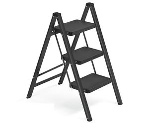 SONGMICS Escabeau Pliable, Marchepied 3 Marches, Supporte 150 kg, Échelle en Acier, Facile à Ranger, pour Maison, Bureau, Noir, 73,5 x 43,4 x 85,5 cm GSL103BZ01