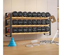 SONGMICS Étagère à Épices à 3 Niveaux, avec 24 Pots en Verre, Organisateur de Cuisine, Porte-épices, avec Étiquettes, Entonnoir, Marqueur, Brosse, Noir d’Encre et Bambou Naturel KCS063B101