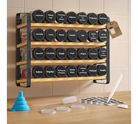 SONGMICS Étagère à Épices à 4 Niveaux, avec 28 Pots en Verre, Organisateur de Cuisine, Porte-épices, avec Étiquettes, Entonnoir, Marqueur, Brosse, Noir d’Encre et Bambou Naturel KCS064B101