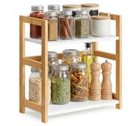 SONGMICS Étagère à Épices, Étagère de Rangement à 2 Niveaux, Organisateur de Bureau, Cadre en Bambou, pour Cuisine, Salle à Manger, Bureau, Beige Naturel et Blanc Neige OFS046W101