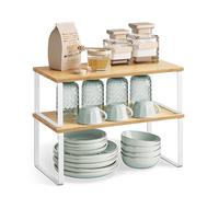 SONGMICS Étagère de Cuisine, Lot de 4, Organisateur, Porte-épices, Rangement de Placard, Empilable, Extensible, en Métal, Bois d’Ingénierie, Blanc Nuage et Beige Naturel KCS210W01