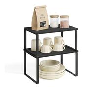 SONGMICS Étagère à Épices, Lot de 4, Organisateur de Placard, Étagère de Rangement de Cuisine Extensible, Porte-épices Empilable, Métal, Bois d’Ingénierie, Noir d'Encre et Noir Boisé KCS027B01