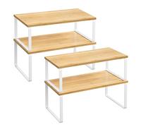 SONGMICS Étagère de Cuisine, Lot de 4, Organisateur, Porte-épices | Empilable, extensible, en Métal, Bois d’Ingénierie, Blanc Nuage et Beige Naturel KCS210W01