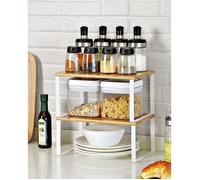 SONGMICS Étagère à Épices, Lot de 4, Organisateur de Placard, Étagère de Rangement de Cuisine Extensible, Porte-épices Empilable, Métal, Bois d’Ingénierie, Blanc Nuage et Beige Naturel KCS010N01