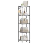 SONGMICS Étagère Salle de Bain, Étagère d’Angle en Métal, Capacité 100 kg, 5 Planches en Plastique, Crochets, 30 x 30 x 123,5 cm, Extensible, Petit Espace, Noir et Simi-Transparent LGR23BK