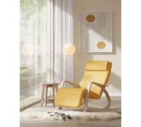 SONGMICS Fauteuil à Bascule, avec Accoudoirs en Bois, Repose-Pieds Réglable en 5 Positions, Capacité 150 kg, 121,5 x 67 x 84 cm, pour Chambre, Salon, Jaune Canard et Couleur Boisée LYY010YE01