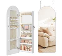 SONGMICS Grand organiseur à bijoux, armoire à bijoux LED, miroir bombé avec rangement, verrouillable, coins arrondis, miroir intérieur, blanc nuage JJC020W01