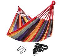 SONGMICS Hamac, 210 x 150 cm, double, charge 300 kg, pour terrasse, balcon, jardin, extérieur, camping, avec sac de transport, sangles et mousquetons, Rayures Rouges et Jaunes GDC210