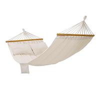 SONGMICS Hamac, Hamac d'extérieur de camping, Lit suspendu, 2 barres en bois, avec 2 oreillers, capacité de charge 300 kg, 210 x 150 cm, Beige GDC22M