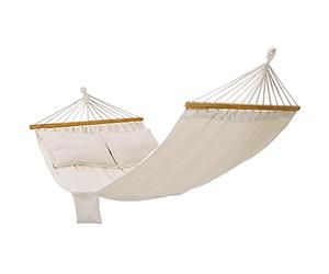 SONGMICS Hamac, Hamac d'extérieur de camping, Lit suspendu, 2 barres en bois, avec 2 oreillers, capacité de charge 300 kg, 210 x 150 cm, Beige GDC22M