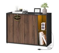 SONGMICS HOME Meuble de Rangement Salon, Assemblage Ultra-Rapide sans Outils Toolless, Buffet avec Éclairage et Étagère en Verre, Placard, Minimaliste, Noyer Naturel et Noir Boisé BBK372B01
