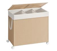 SONGMICS HOME Panier à Linge 3 Compartiments, Corbeille 140 L, Trieur sur Roulettes, Couvercle, Sac avec Poignées, Imitation Osier, pour Buanderie, Salle de Bain, Beige Naturel et Blanc Mat LCB602N01