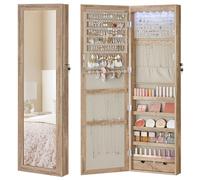 SONGMICS JJC093N01 Armoire à bijoux de 120 cm de haut avec miroir intérieur éclairé, armoire miroir, montage mural ou porte, verrouillable, 2 tiroirs, marron chêne