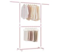 SONGMICS LLR401R01 Portant à vêtements double avec rail extensible et central réglable, sur roulettes, hauteur de 113 à 180 cm, rose gelé