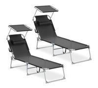 SONGMICS Lot de 2 Chaises Longues Pliantes, Appui-Tête, 189 x 53 x 28,5 cm, Transats Jardin, Chaque Chaise Supporte 110 kg, Pare-Soleil et Dossier Réglables, pour Terrasse, Balcon, Noir GCB292BZ02