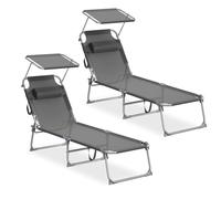 SONGMICS Lot de 2 Chaises Longues Pliantes, Appui-Tête, 189 x 53 x 28,5 cm, Transats Jardin, Chaque Chaise Supporte 110 kg, Pare-Soleil et Dossier Réglables, pour Terrasse, Balcon, Gris GCB292GZ02