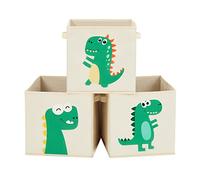 SONGMICS Lot de 3 Boîtes de Rangement Enfant, 30 x 30 x 30 cm | Organisateurs de Jouets, Cubes Pliables avec Poignées, Motifs Dinosaure, Beige, Collection TEZA RFB704W03