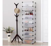SONGMICS Meuble à Chaussures avec 10 Compartiments Rectangulaires, pour 20 Paires, Étagère Modulable en Plastique, Boîte à chaussures, avec Porte, Maillet, Rangement, Blanc LPC10W